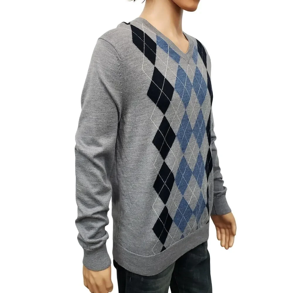 Banana Republic 100% Merino Wool Sweater Men L Argyle Diamond V Neck Gray Blue